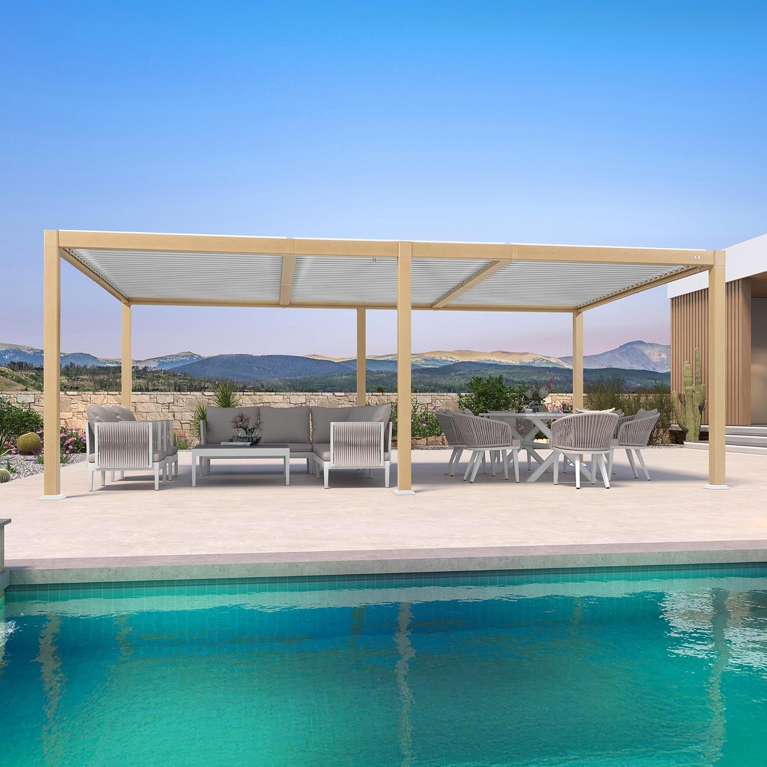 karaca-alisveris - Pergola Bioclimatique bois effet alu - 3,5x6,35m - lames orientables, imperméable, extérieur