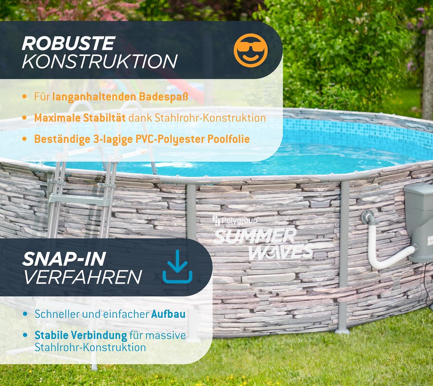 karaca-alisveris - Frame Pool Kit rond - 427x107 cm - aspect pierre grise, pompe à filtre