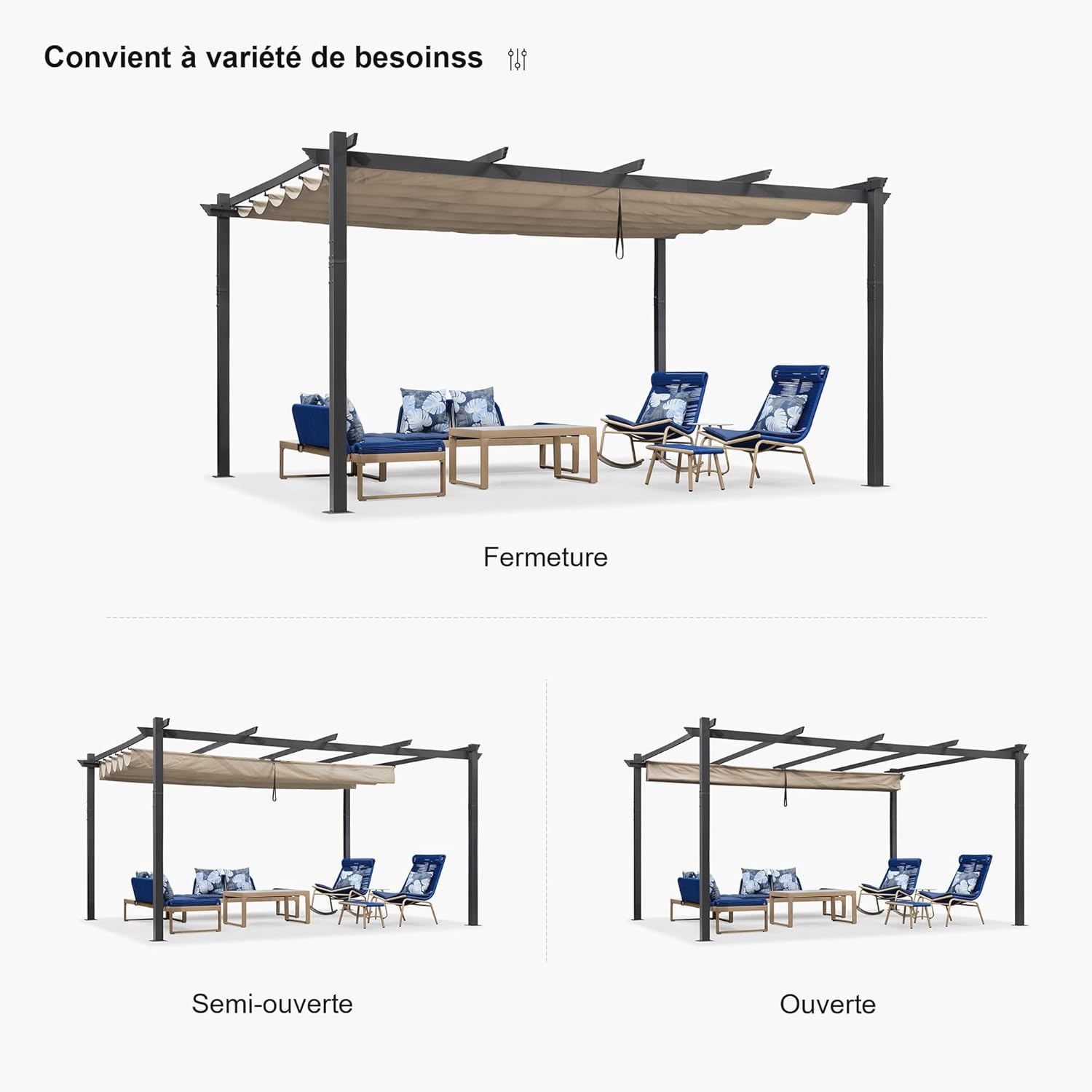 karaca-alisveris - pergola aluminium série LED - 4,8x3,5 m - toit rétractable, structure résistante, kaki