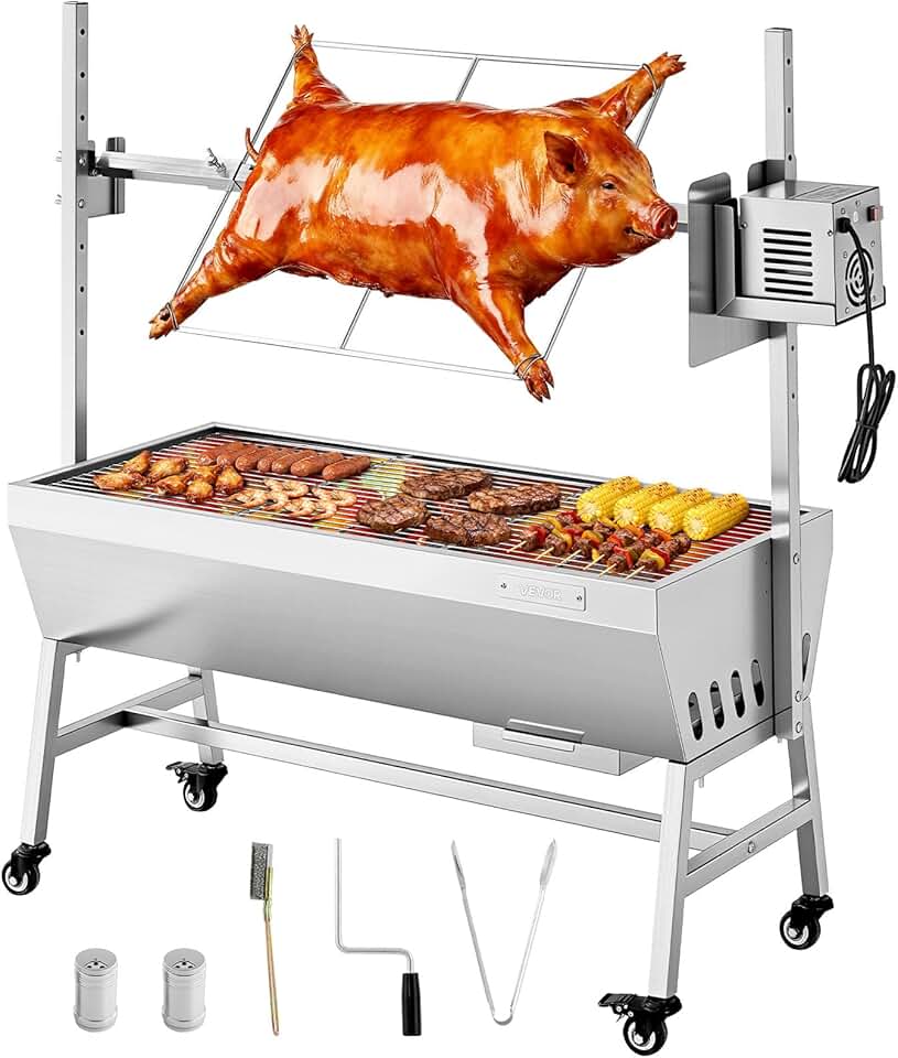 karaca-alisveris - Barbecue à charbon avec tournebroche, 7 hauteurs, 60kg, 38W, inox