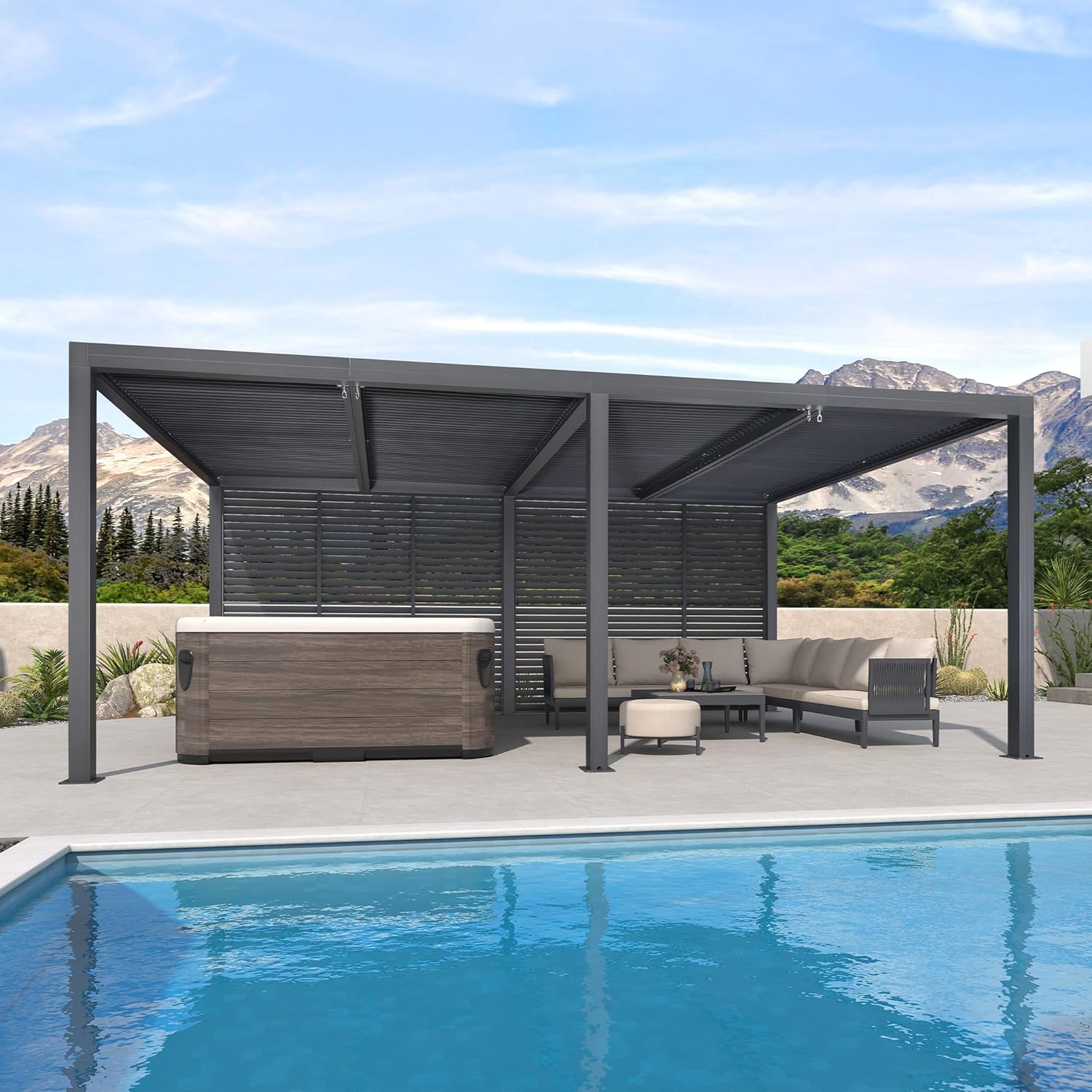 karaca-alisveris - Pergola bioclimatique 6x3,68m alu, lames orientables, persienne fixe