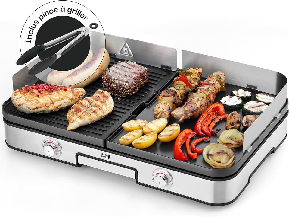 karaca-alisveris - plancha électrique inox - XXL - 2400W, pince barbecue, intérieur/extérieur, protection éclaboussures - LEBEN