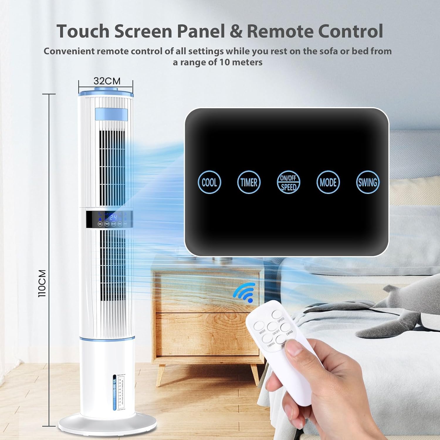 Climatiseur Mobile Silencieux Portable Rafraîchisseur d'air 360° Oscillation, Sortie d'air Double, 24H Minuteries, 65W, 4 Modes et 3 Vitesses avec Télécommande pour Chambre, Bureau, Cuisine