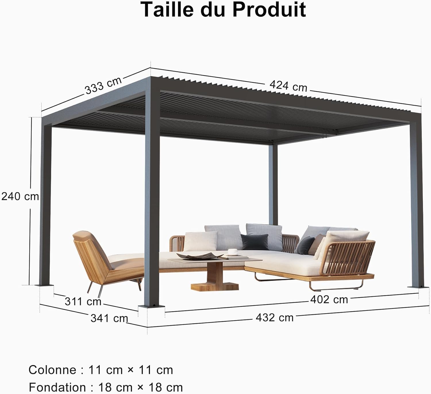 karaca-alisveris - pergola bioclimatique - 4,24x3,3m - alu, persienne fixes, gris