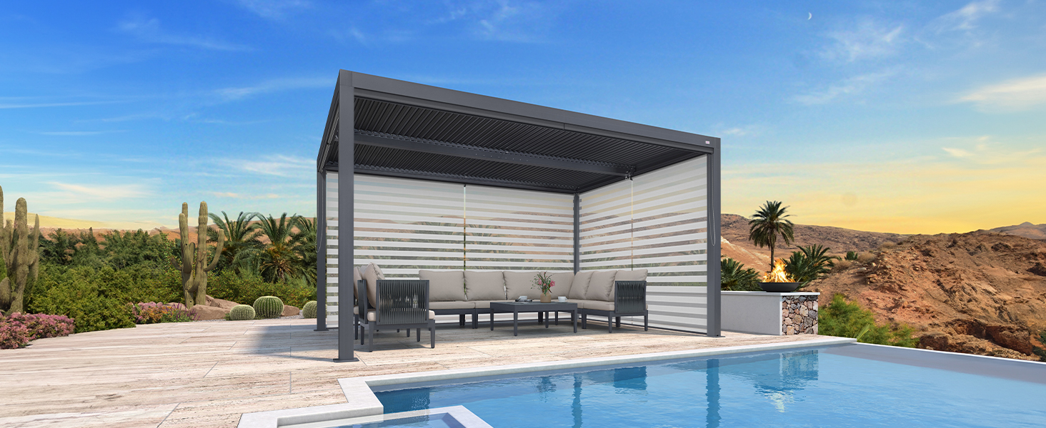 un salon extérieur moderne avec piscine et pergola