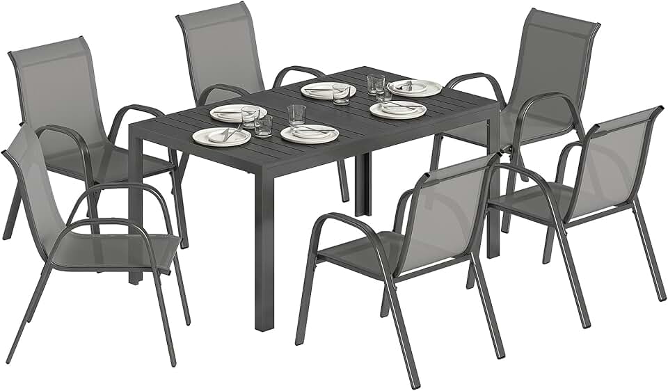 karaca-alisveris - Salon de jardin extérieur 7 pcs - 150cm - table à lattes, acier antirouille, 6 chaises empilables, gris clair
