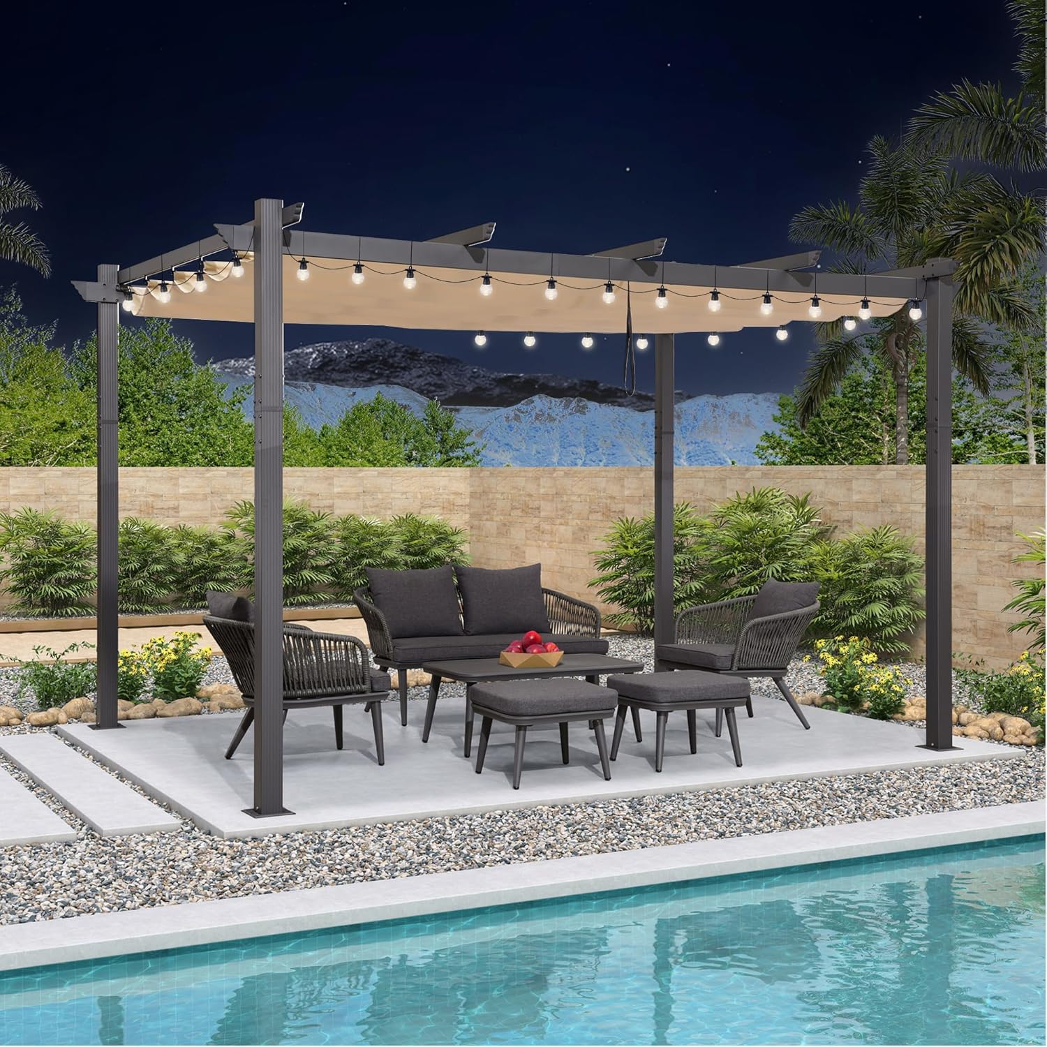karaca-alisveris - Pergola aluminium LED, toit rétractable, 4x3m, kaki