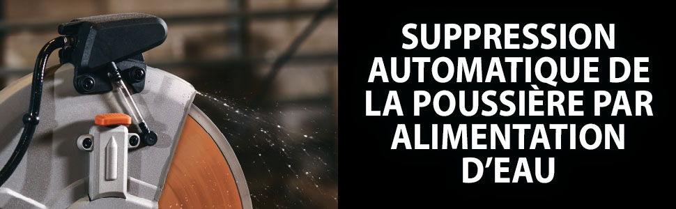 Le texte se lit comme suit : « ALIMENTATION D'EAU », « SUPPRESSION », « AUTOMATIQUE DE LA POUSSIÈRE PAR ». Schéma technique montrant les composants mécaniques en lignes blanches sur fond sombre.