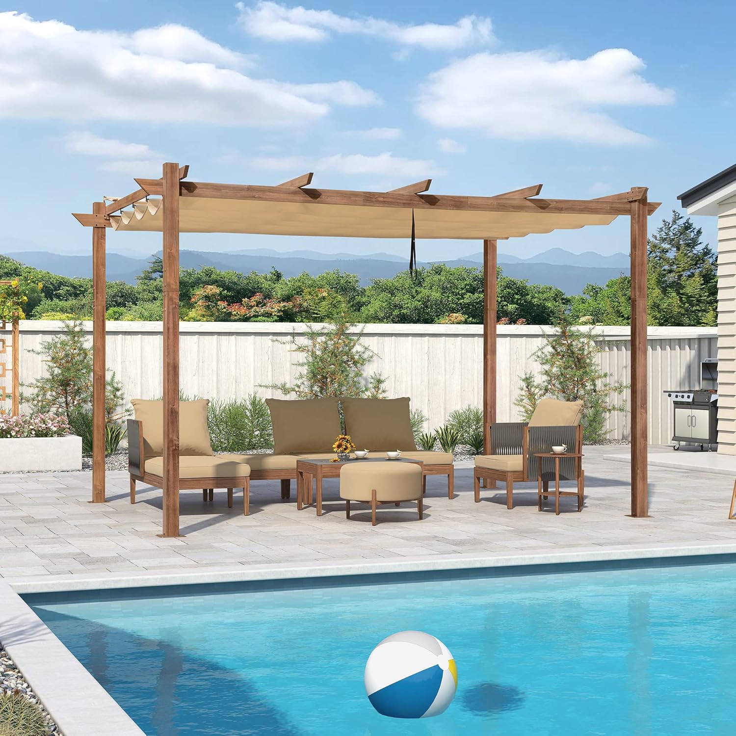 karaca-alisveris - pergola aluminium 4x3m teck, toile rétractable, kaki