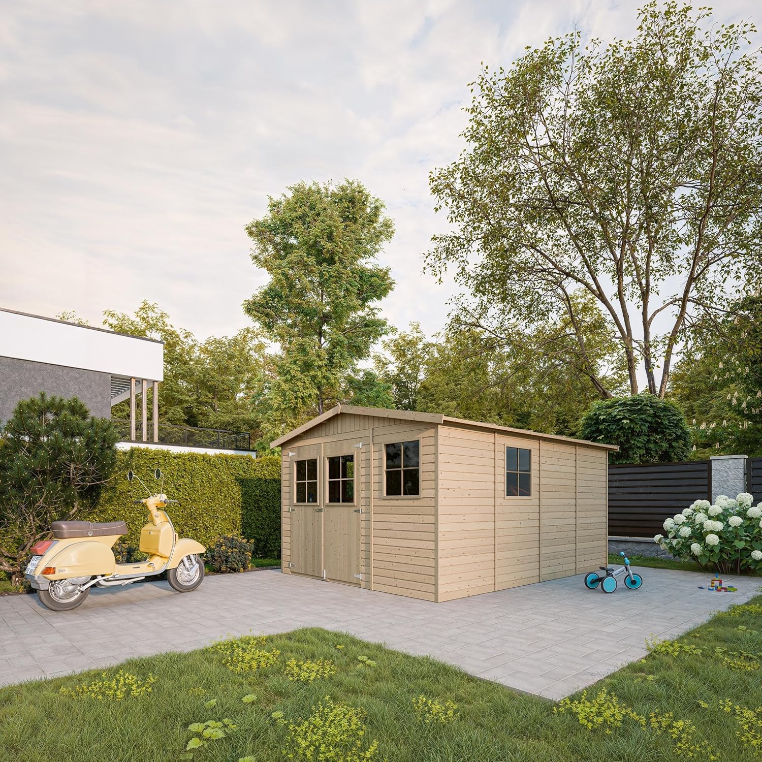 ABRI de Jardin en Bois Exterieur avec Les PLANCHERS IMPRÉGNÉ - en Pin/épicéa- H226x324x416 cm/12 m²- Construction de Panneaux- Rangement pour vélos, Remise à Outils- karaca-alisveris M336+M336G