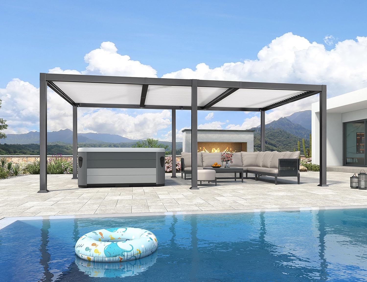 karaca-alisveris - pergola bioclimatique - 6,35x3,5m - aluminium gris, poteaux blancs, lames orientables