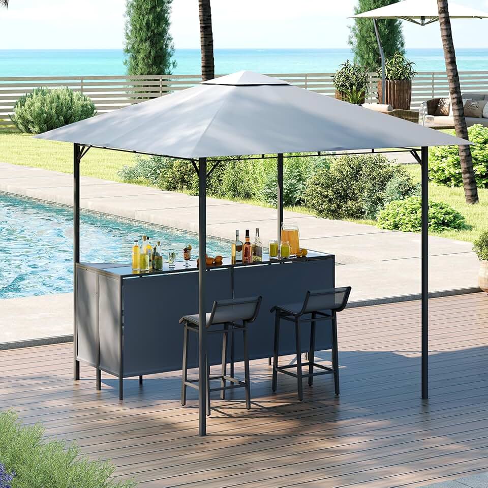 karaca-alisveris 3 Pcs Abri Barbecue Jardin Exterieur avec Bar Exterieur, Tonnelle Barbecue avec 2 Tabourets Bar, Rangement, Plateau en Verre Trempée,Porte-Verres, en Métal avec Double Toit, 245 x 245 x 243CM