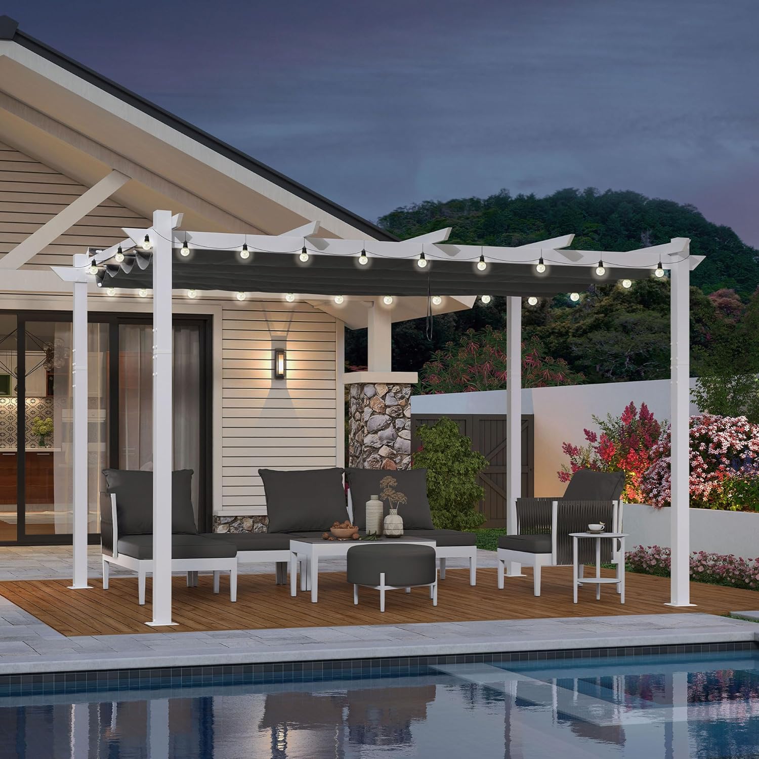 karaca-alisveris - pergola aluminium - 4x3m - éclairage intégré, toit protégé, blanc/gris