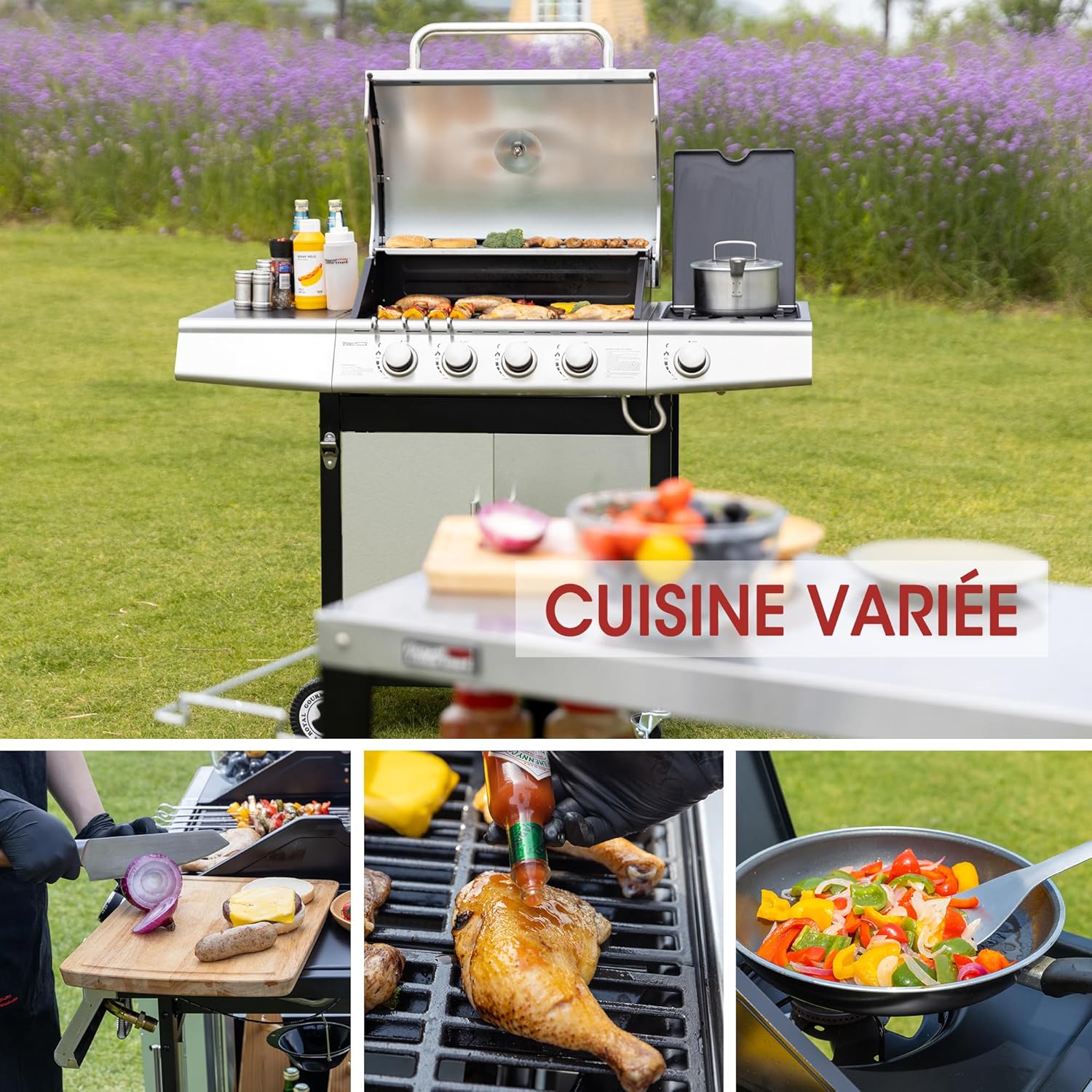 karaca-alisveris - Barbecue Gaz 4+1 brûleurs inox - 14,5kW - 2 portes, thermomètre, roues directionnelles
