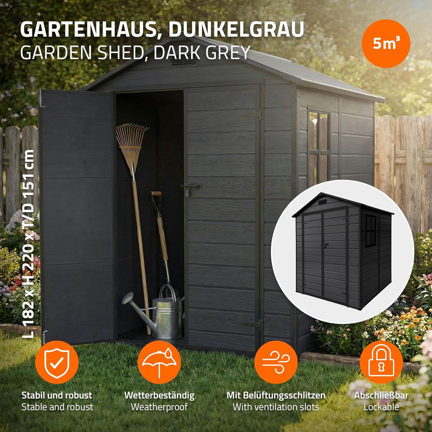 karaca-alisveris - Abri de jardin résine 151x182x220 cm double porte, 5m³, fenêtre, ventilation