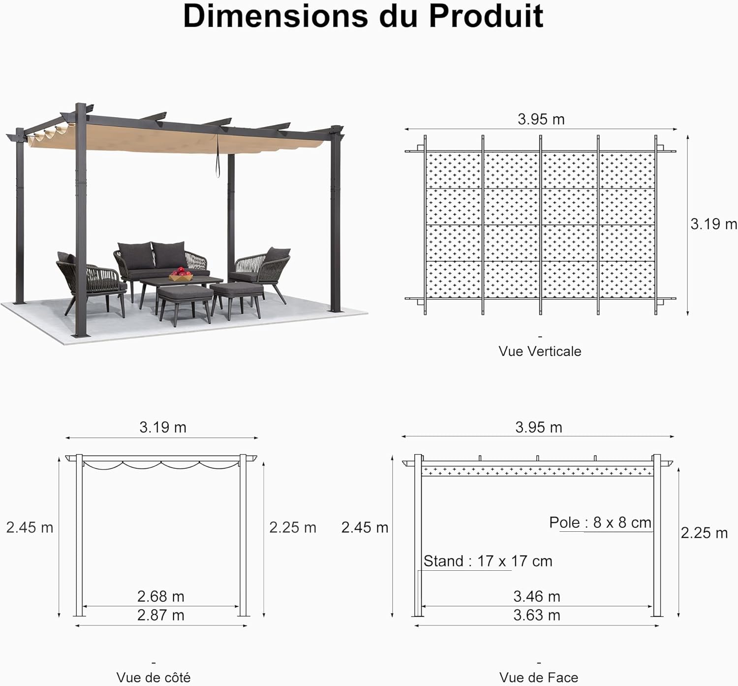 karaca-alisveris - Pergola Aluminium - 4x3,2m - LED intégrée, toit rétractable, kaki