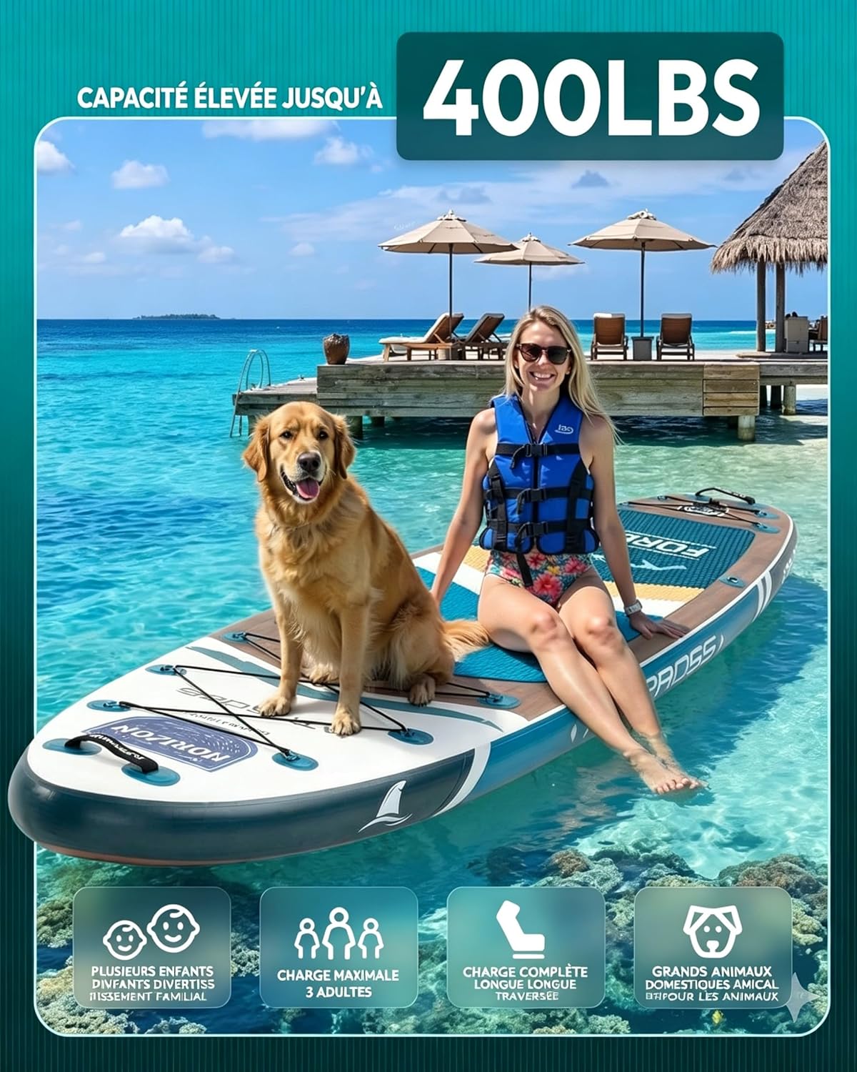 Stand Up Paddle Gonflable Adulte avec Siège Kayak & Accessoires, 320x84cm Planche de Sup Extra Large pour 2 Personnes, Charge 200kg, Kayak Gonflable 2 Places Stable et Antidérapant pour Surf