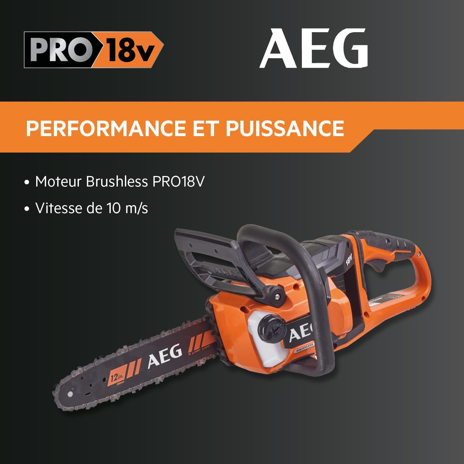 AEG - 4935471337 Tronçonneuse sans fil (18 V, frein de chaîne, poignée latérale AVS, système de lubrification automatique, longueur de lame 30 cm) ACS18B30