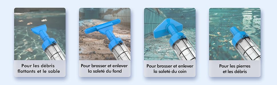 à poils bleus. Quatre panneaux indiquent différentes utilisations : éliminer les débris, brosser et aspirer les surfaces et l'eau de la piscine