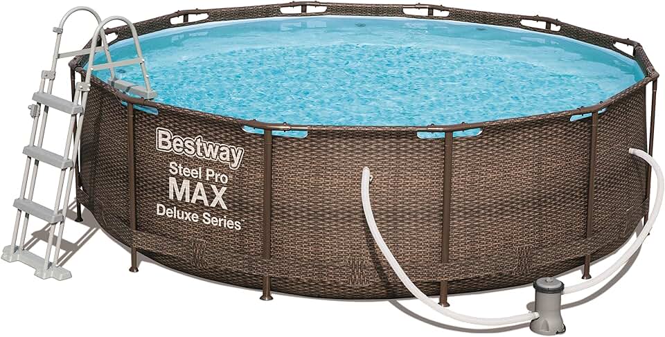 karaca-alisveris Power Steel Deluxe Piscine Tubulaire Ronde avec Cadre en Acier Solide Kit Complet Aspect rotin 366 x 100 cm, Marron