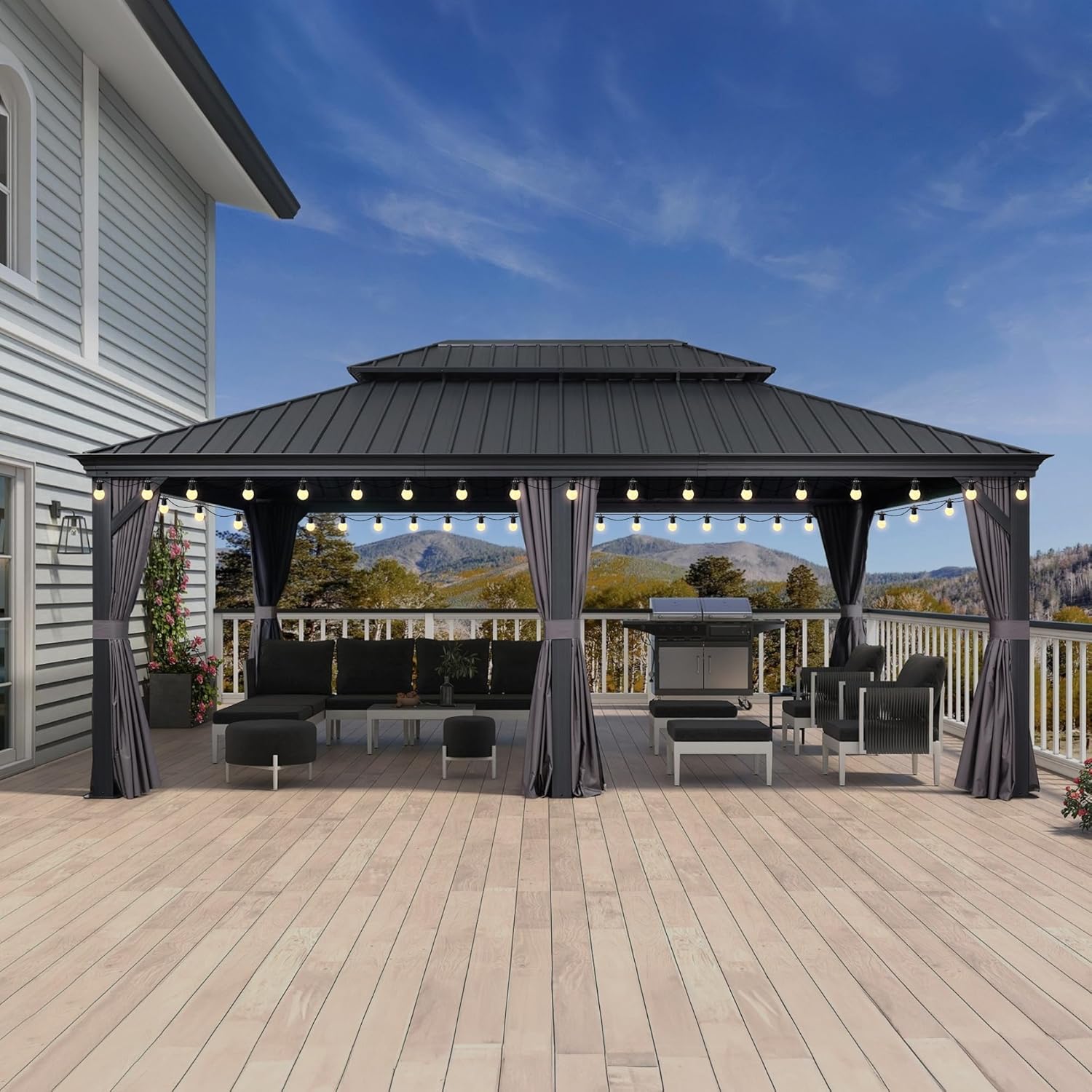 karaca-alisveris - Pergola série extérieure - 7.32x4.25m - alu, éclairage, moustiquaire, rideaux, gouttière, poteaux renforcé