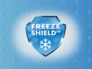Logo bleu en forme de bouclier avec icône en forme de flocon de neige et texte « FREEZE SHIELD » sur