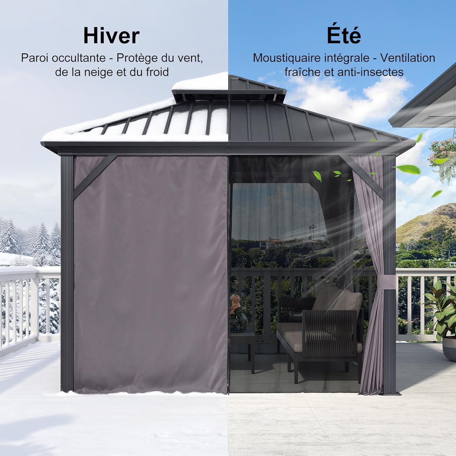 karaca-alisveris - Tonnelle de jardin alu 3x3 m toit double, rideaux, gris
