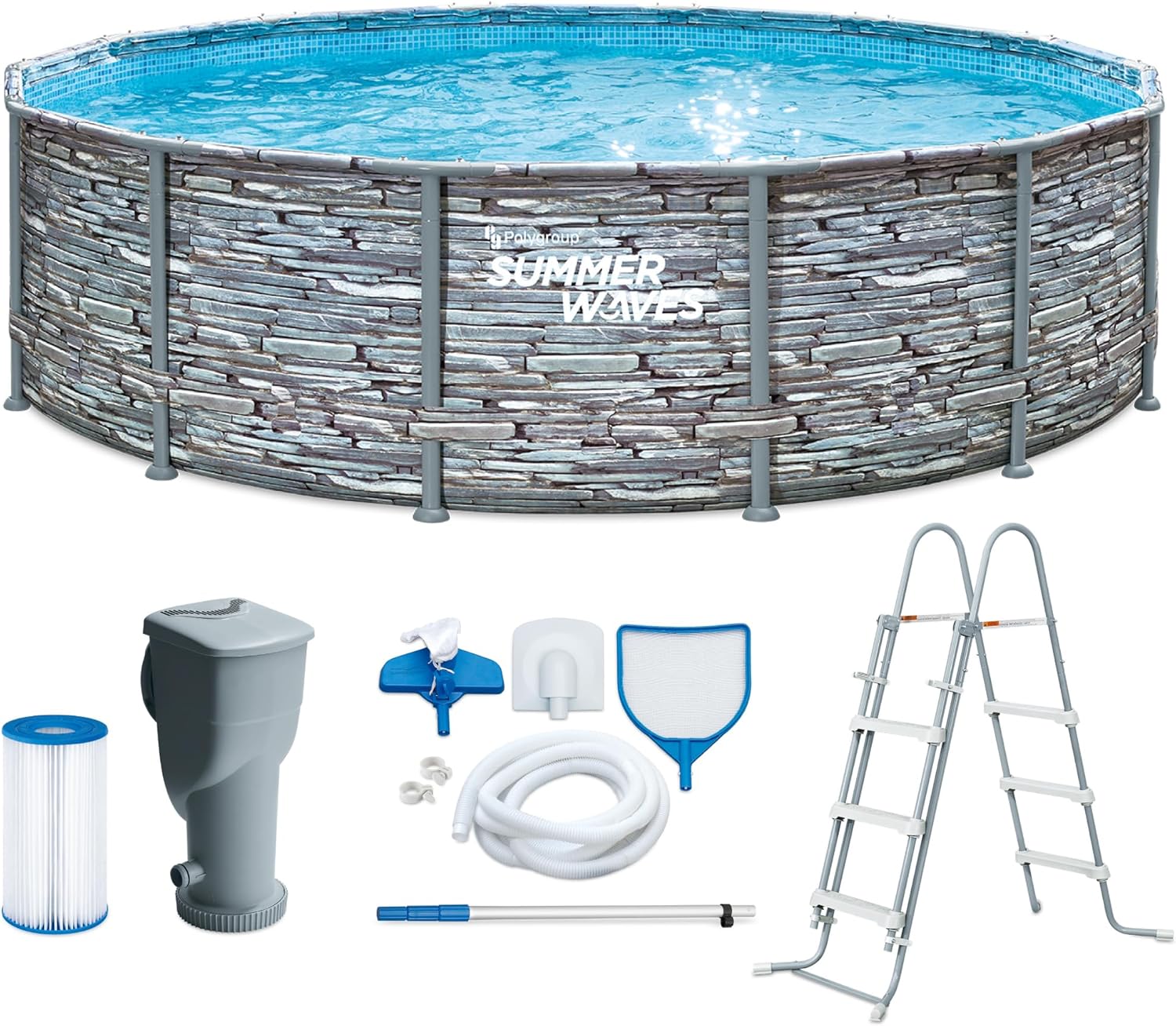karaca-alisveris - Frame Pool Kit rond - 427x107 cm - aspect pierre grise, pompe à filtre