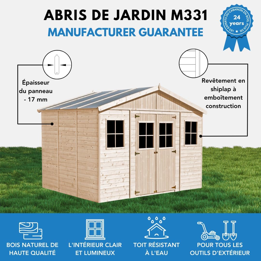 Abri de Jardin en Bois Exterieur avec Plancher IMPRÉGNÉ- Chalet en Pin/épicéa-H246x418x320 cm/12 m²- Construction de Panneaux - Rangement pour vélos, Remise à Outils- karaca-alisveris M331+M331G