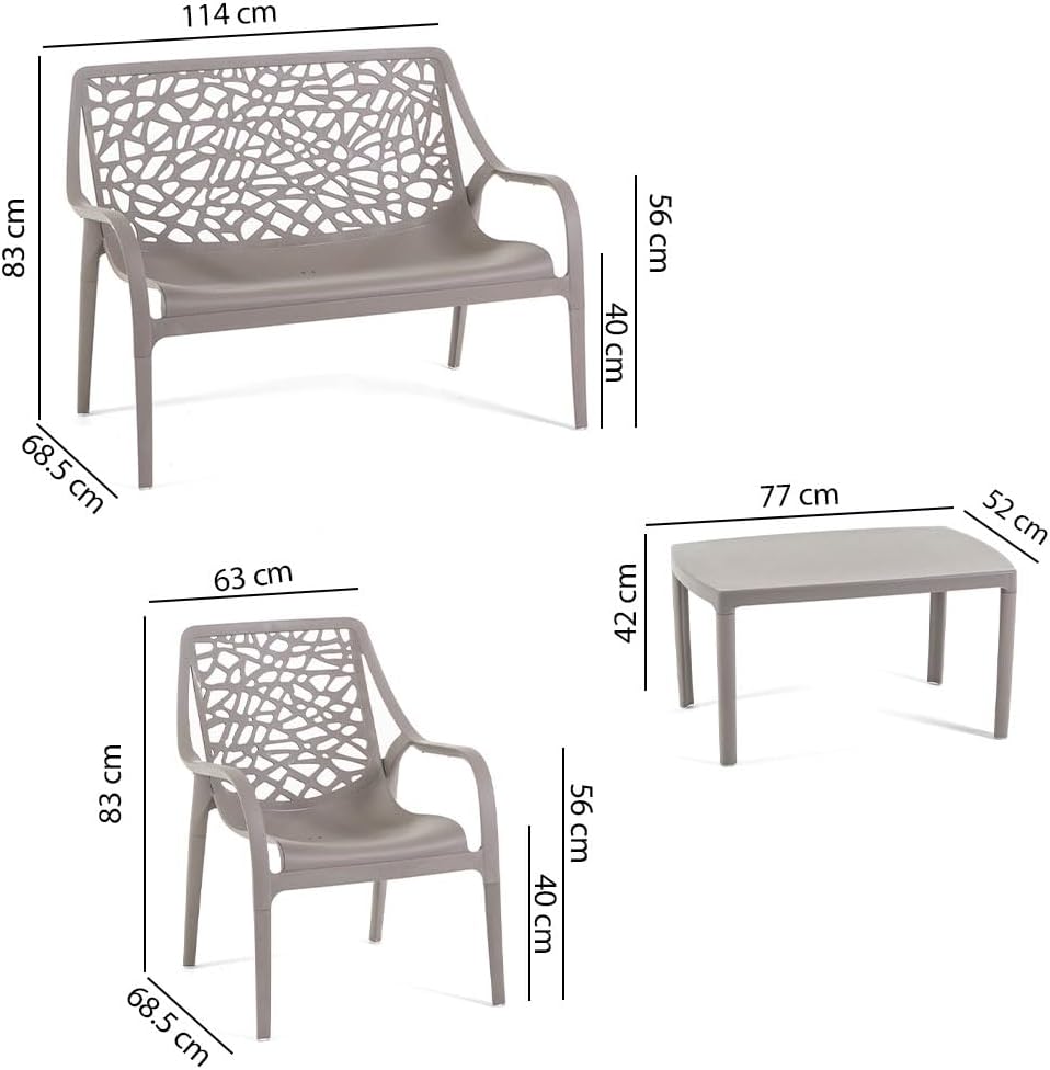 Salon de jardin - Maratea - 4 places - Polypropylène, empilable, imperméable, design moderne, Taupe