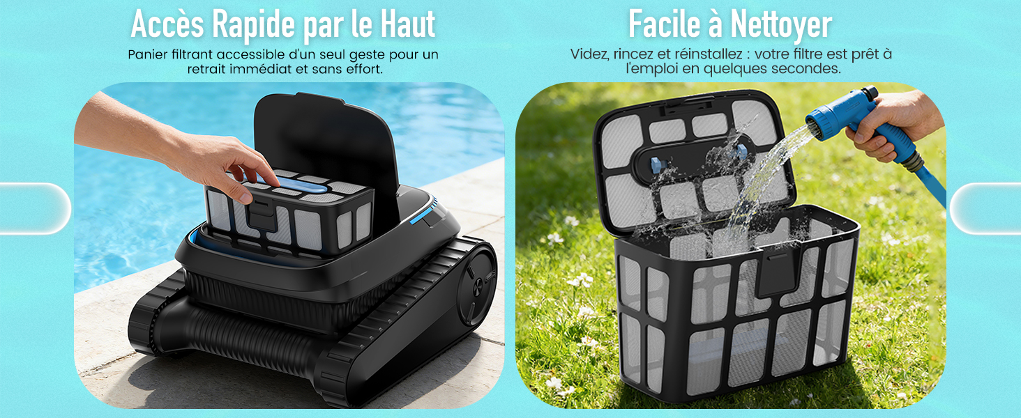Image divisée avec la section de gauche « Accès rapide par le bout » et la section de droite « Facile à Nettoyer » en français. Montre un panier/récipient de rangement en maille noire avec des arrière-plans d'eau et d'herbe.