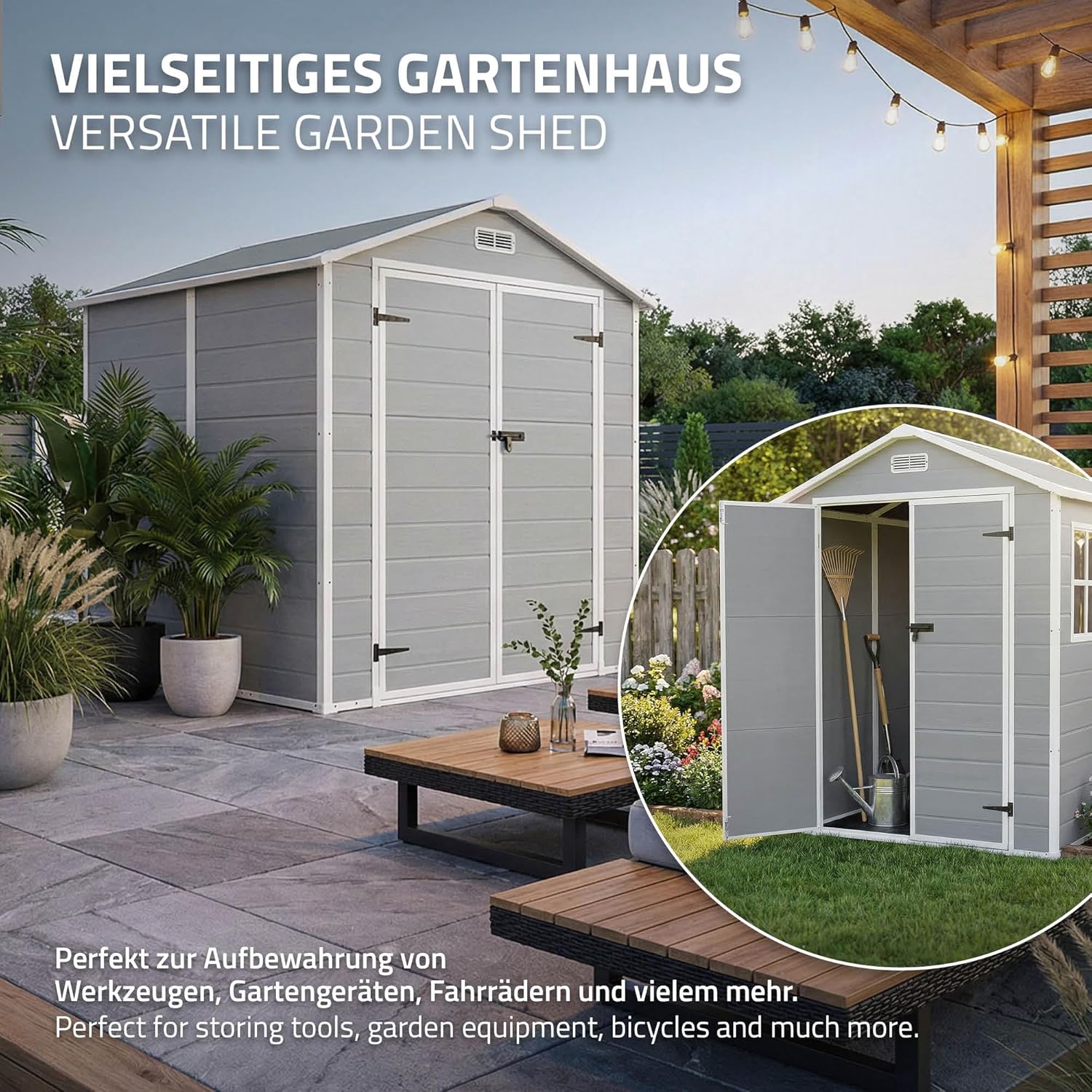 karaca-alisveris - abri de jardin résine, 151x182x220 cm, double porte, fenêtre, 5m³