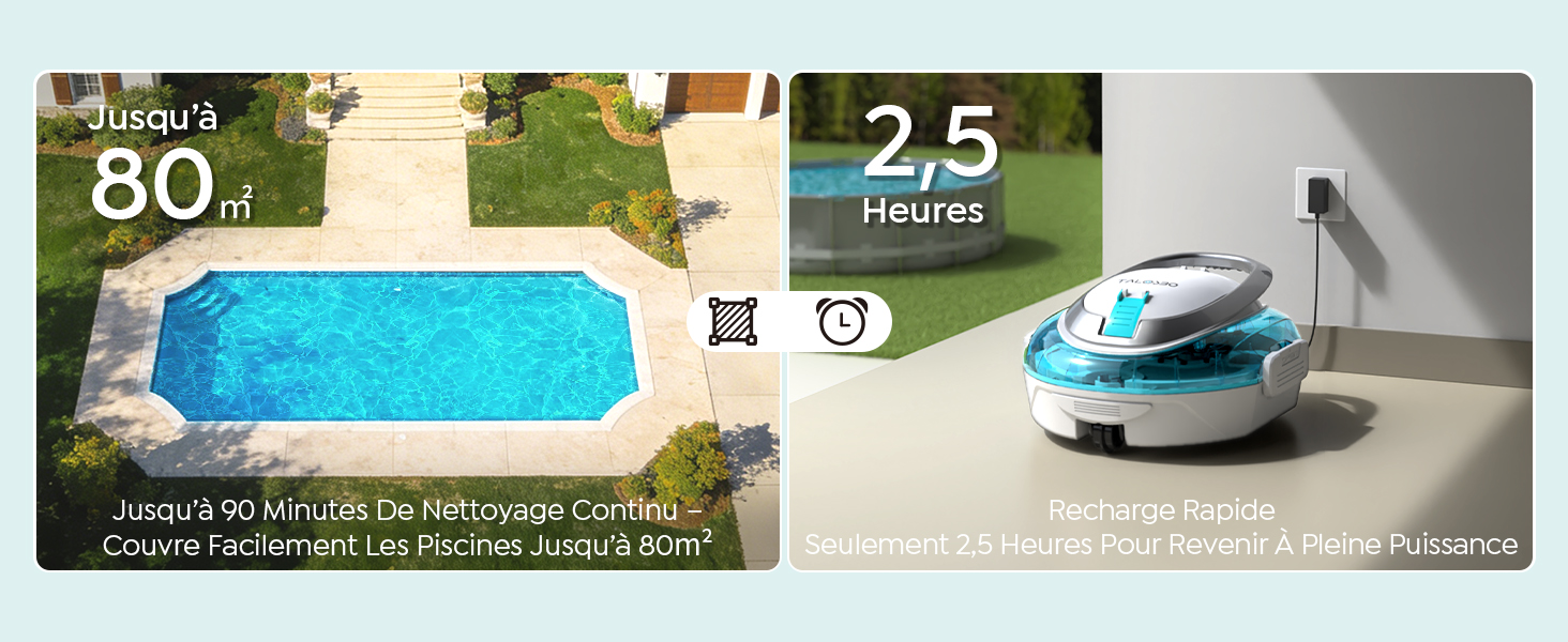 Le texte indique « 80 af » et « 2/3 heures ». Série d'images montrant un robot nettoyeur de piscine en action, avec la piscine et ses caractéristiques techniques affichées.