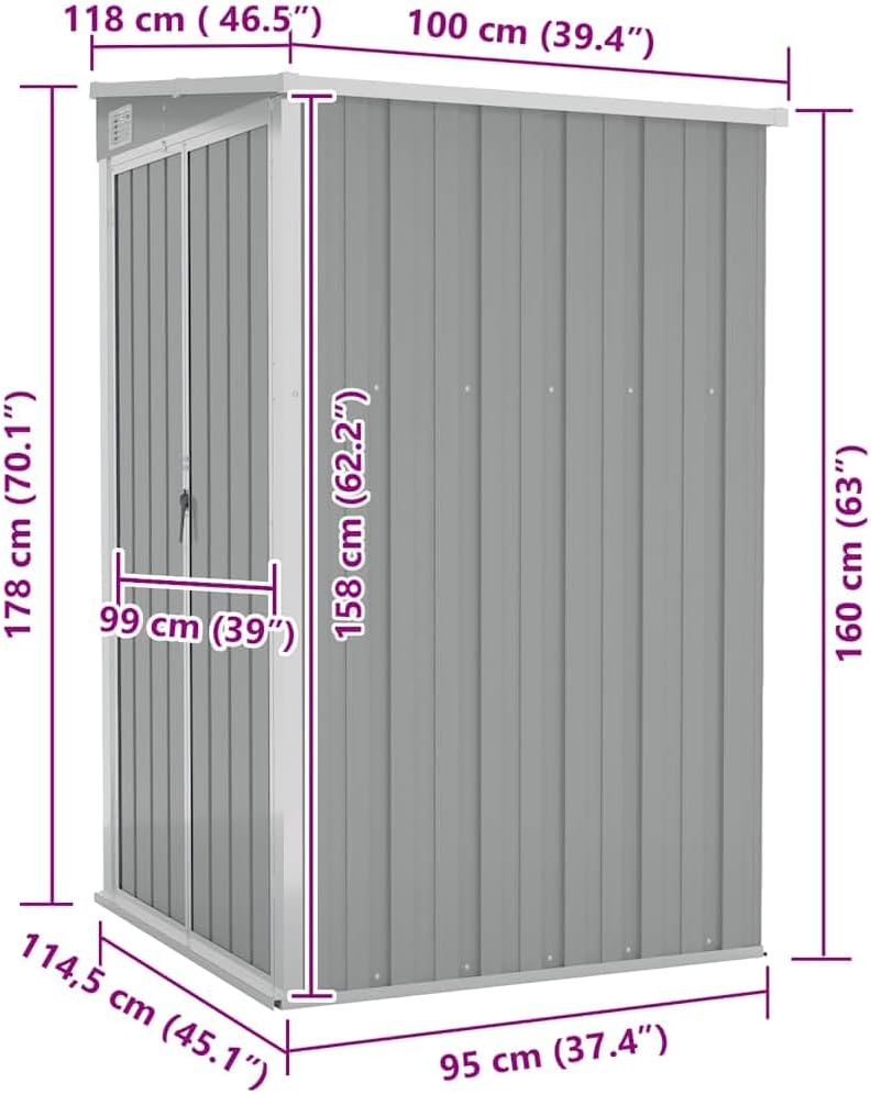 karaca-alisveris Remise de Jardin Murale Gris 118x100x178 cm Acier galvanisé,Structures extérieures, Cabanes & abris de Jardin,316218