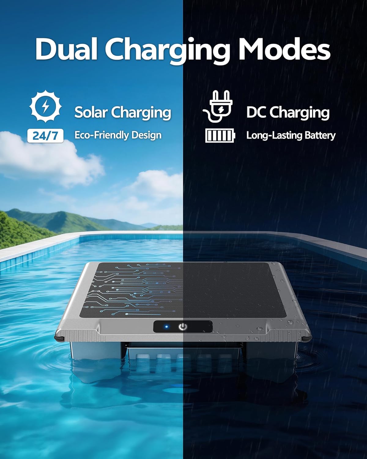 T1B Robot Nettoyeur Skimmer Solaire Robot de Surface Piscine, avec Nettoyage 24h/7, Double Modes de Recharge, Retour Automatique à la Base, adapté aux piscines Enterrées et Hors Sol (Bleu)