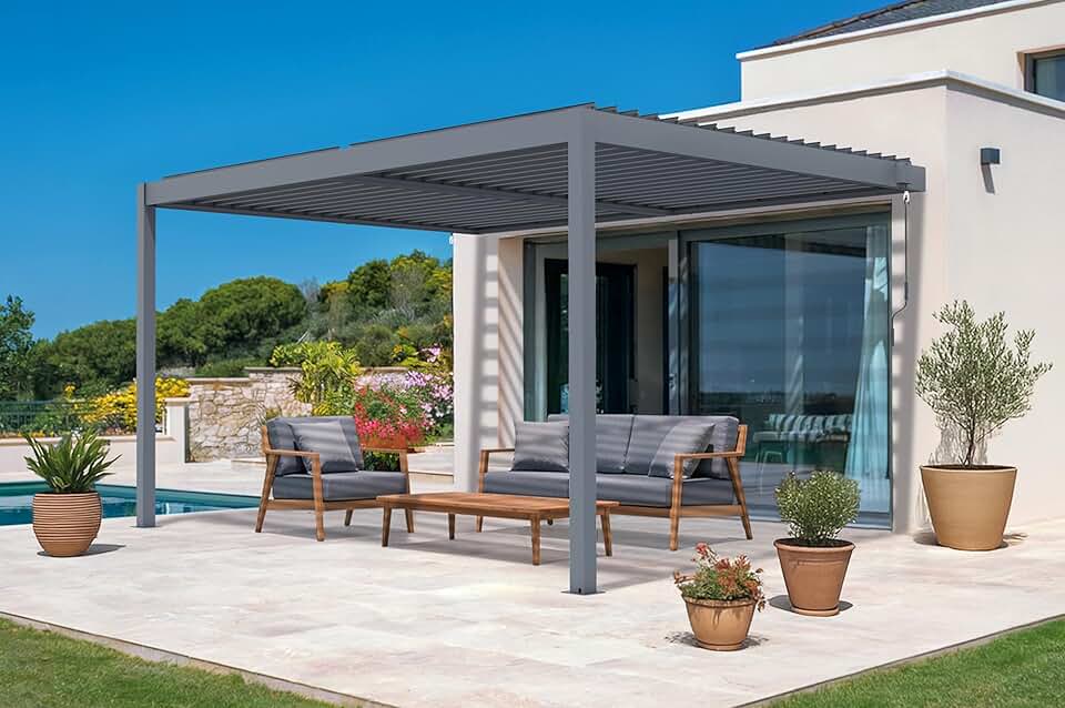 karaca-alisveris - Piana - pergola adossée 4x3m alu gris, 3 persiennes brise-vue
