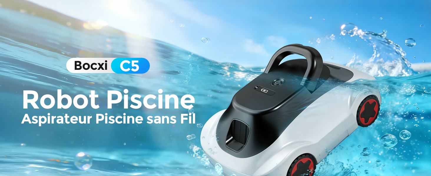 Le texte se lit comme suit : « Robot 7i ISCTI Aspirateur Piscine sans Fil ». Plusieurs vues d'un robot de nettoyage de piscine sans fil montré sous l'eau, avec un fond de piscine bleu.