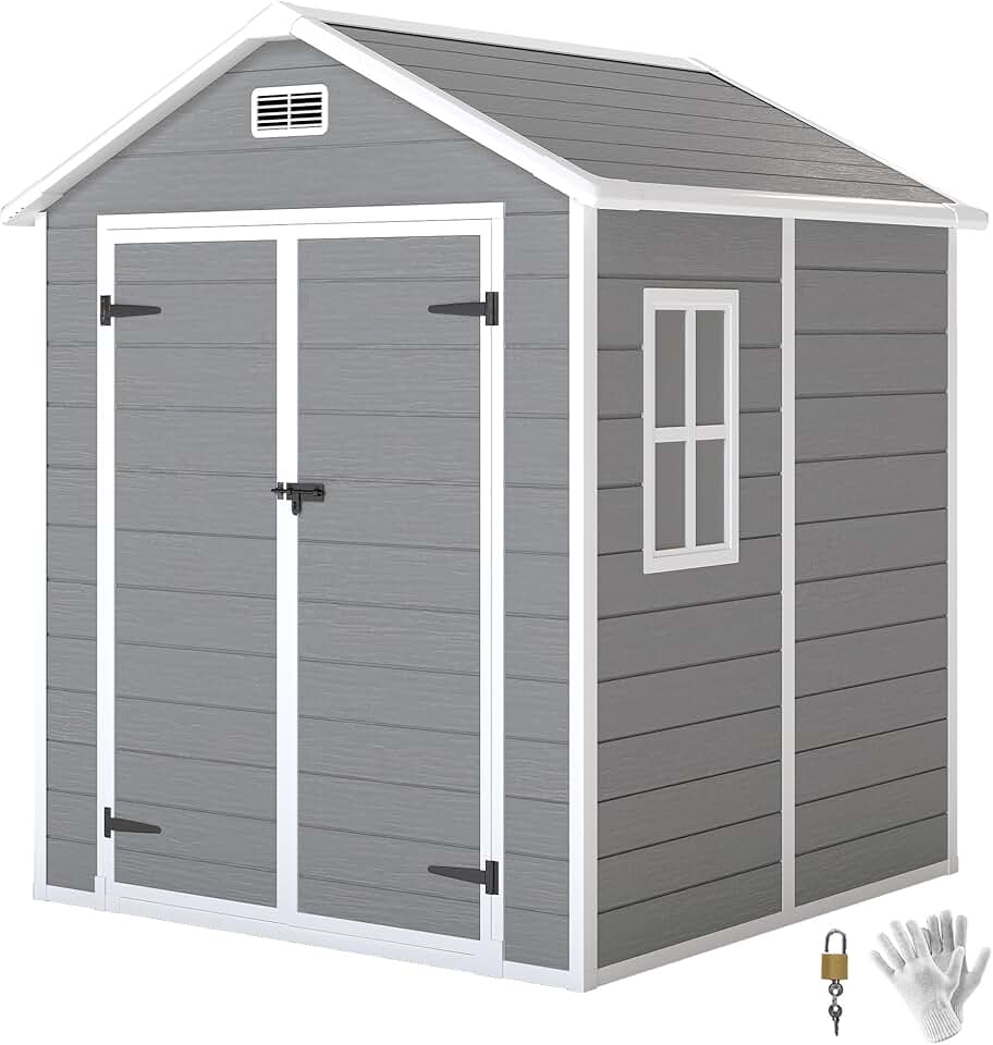 karaca-alisveris Abri de Jardin en résine 2,7 m² avec Plancher Structure en Aluminium 182 x 151 x 219 cm, cabane de Jardin cabanon Rangement Outils Portes avec Serrure et clés 3 fenêtre, Gris Global Recycled Standard