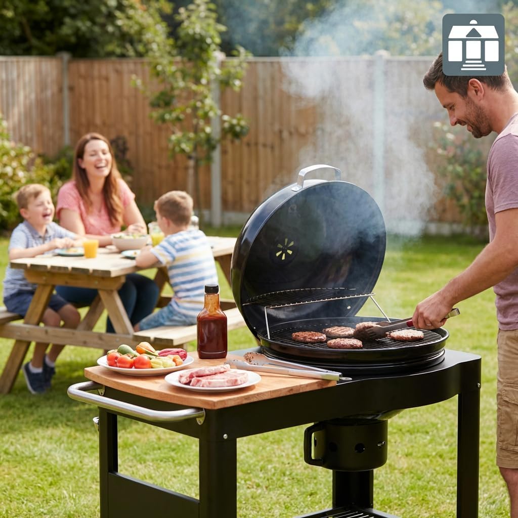 karaca-alisveris - Barbecue Calgary - acier/bois - couvercle thermomètre, tablettes, 2 roues, noir