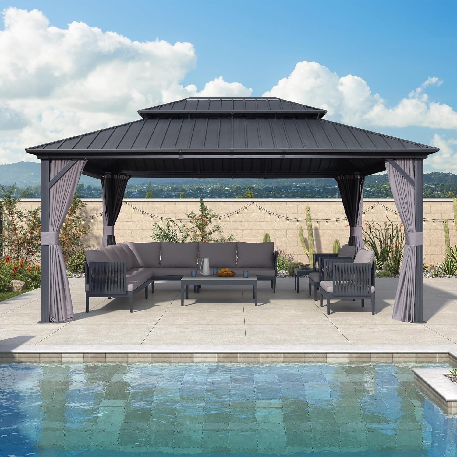 karaca-alisveris - pergola série double toit - 4,85x3,65 m - alu acier, rideaux, moustiquaire