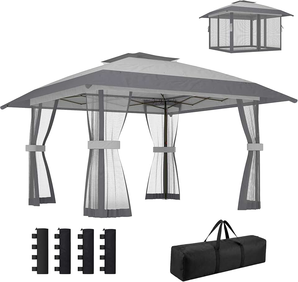 karaca-alisveris Tonnelle de Jardin 4 x 4 m Pop up Tente Pliante réglable en Hauteur Protection UV30+ tonnelle Pliante avec Double Toit 4 parois en Maille 4 Sacs de Sable Sac de Transport Montage Facile Gris