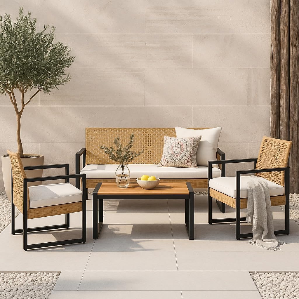 karaca-alisveris - Salon de jardin 4 pièces, acier/acacia, 2 chaises + banc, beige/naturel
