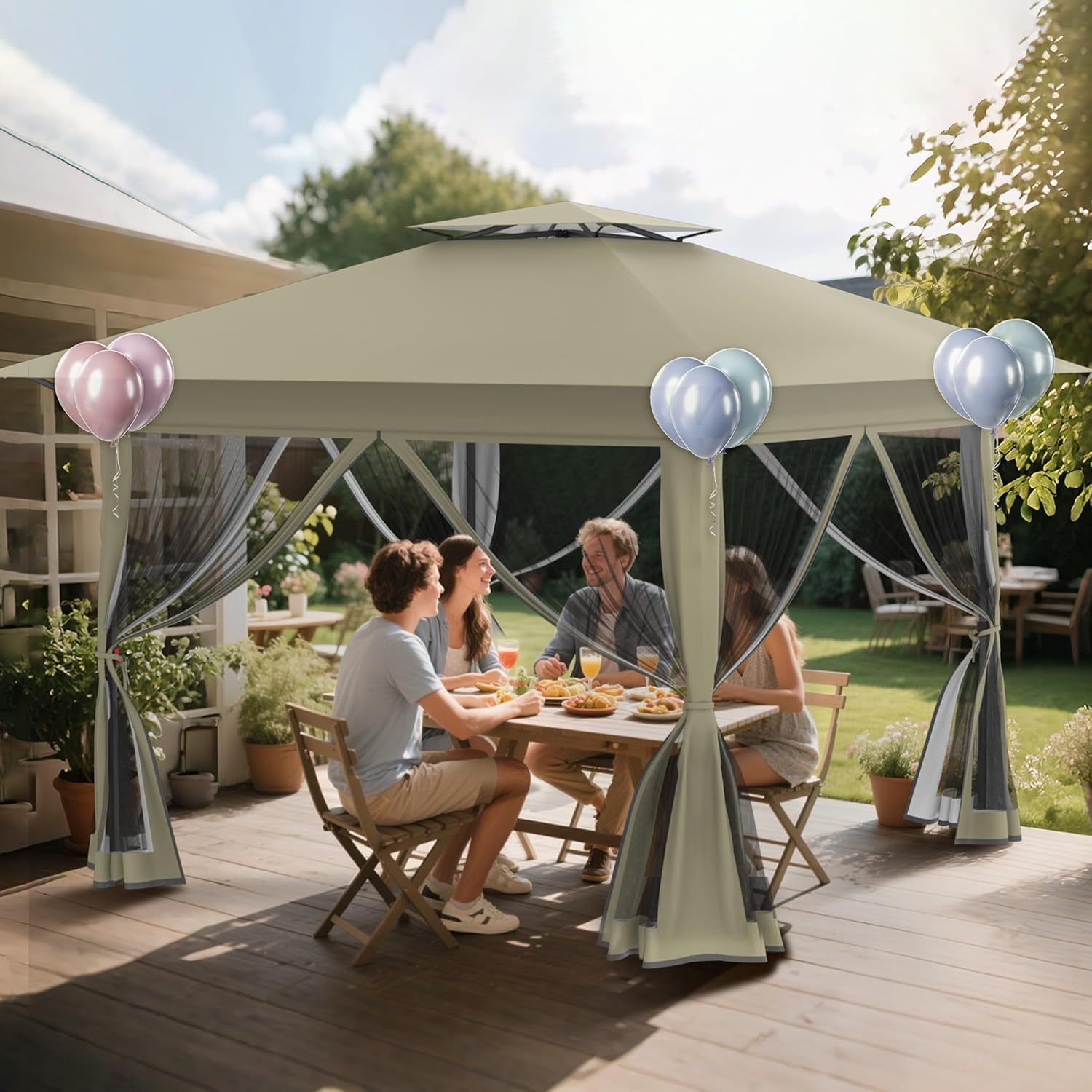 Tonnelle de jardin pop-up, 4x4m, imperméable, UV, pliable, kaki
