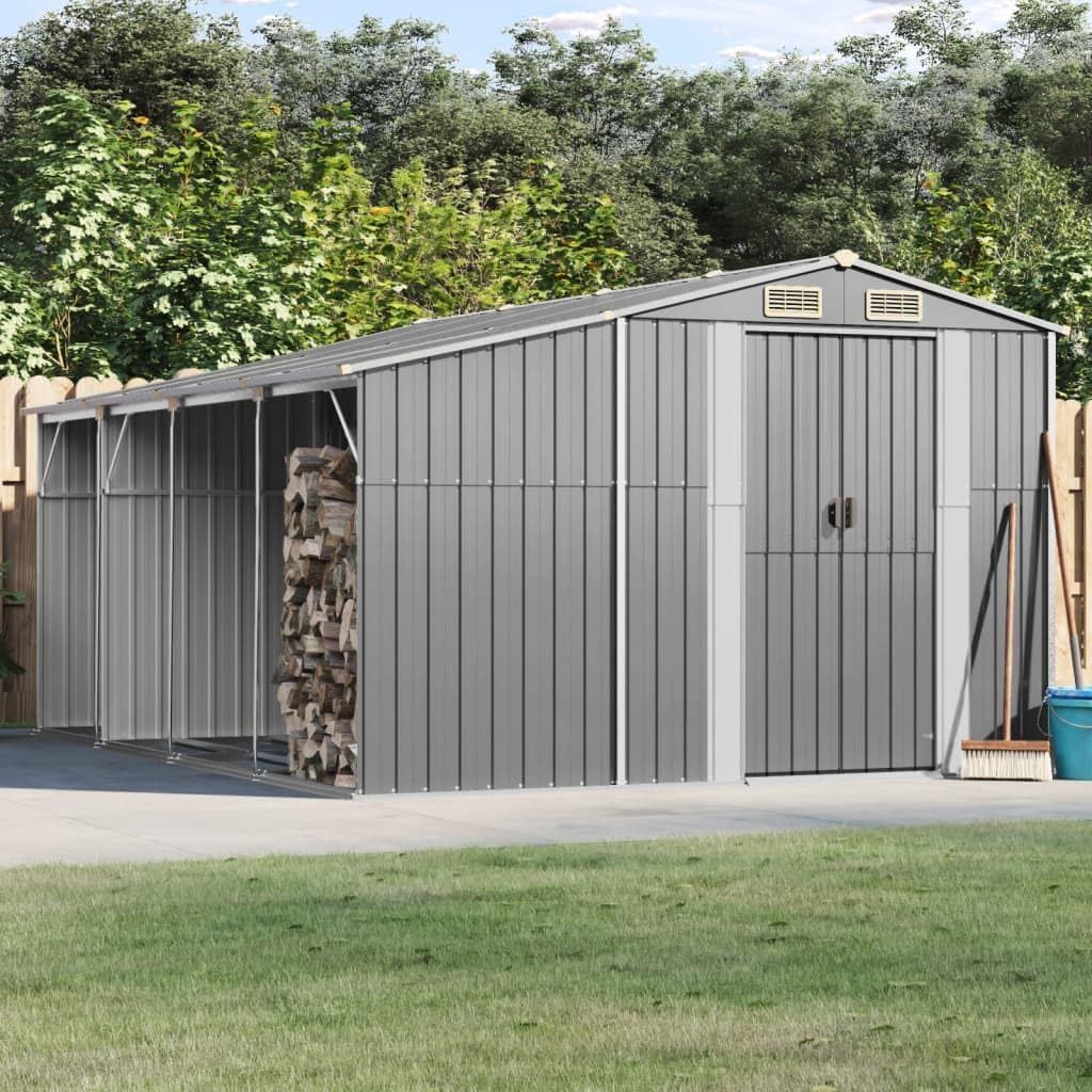 Abri de jardin en acier galvanisé – Organiseur d'outils avec toit incliné 277 x 365,5 x 179 cm – Durable pour bûches et charbon pour une utilisation en extérieur – Gris