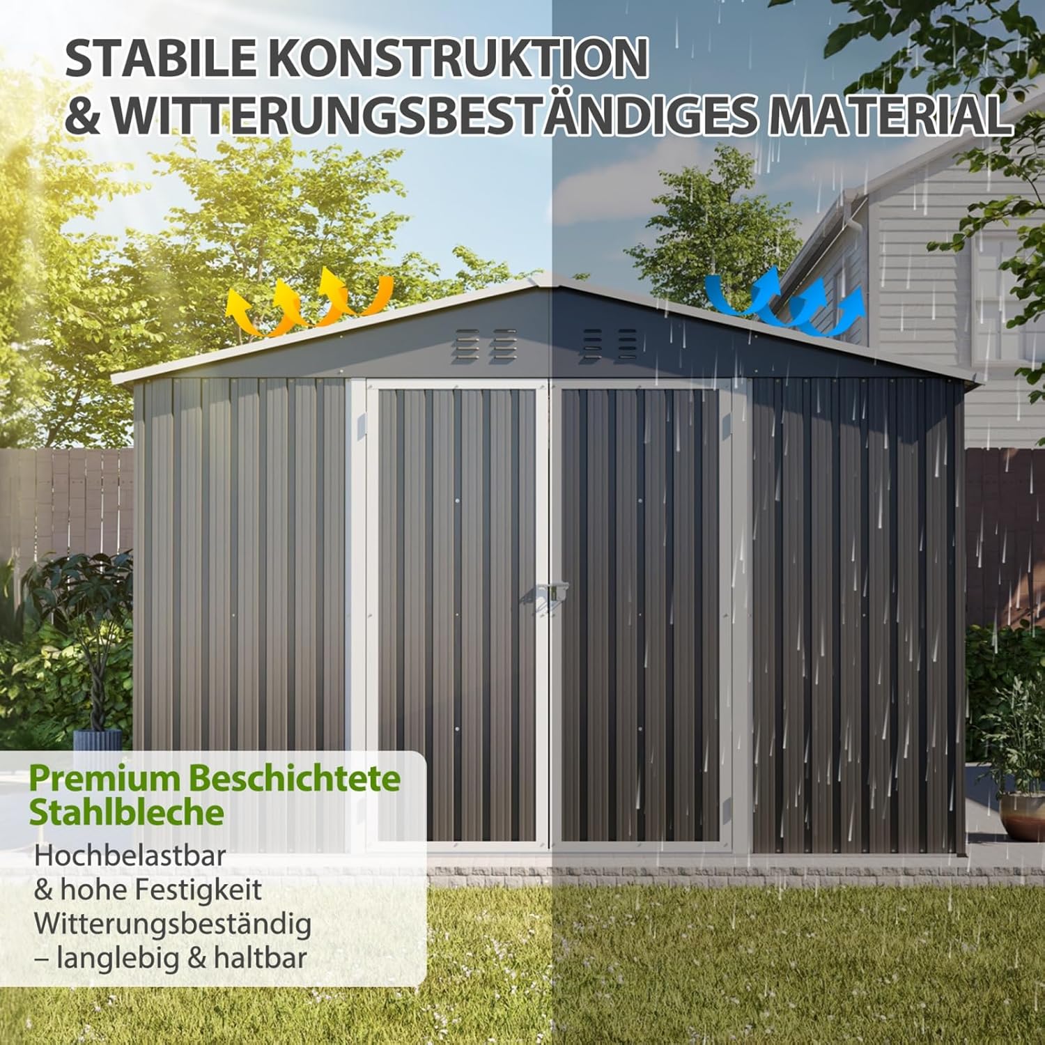 Abri de Jardin en Métal avec Cadre de Plancher, Coffre de Jardin en Acier Robuste, Cabanon de Jardin Extérieur Imperméable avec Portes Verrouillables, Gris (10x10 FT)