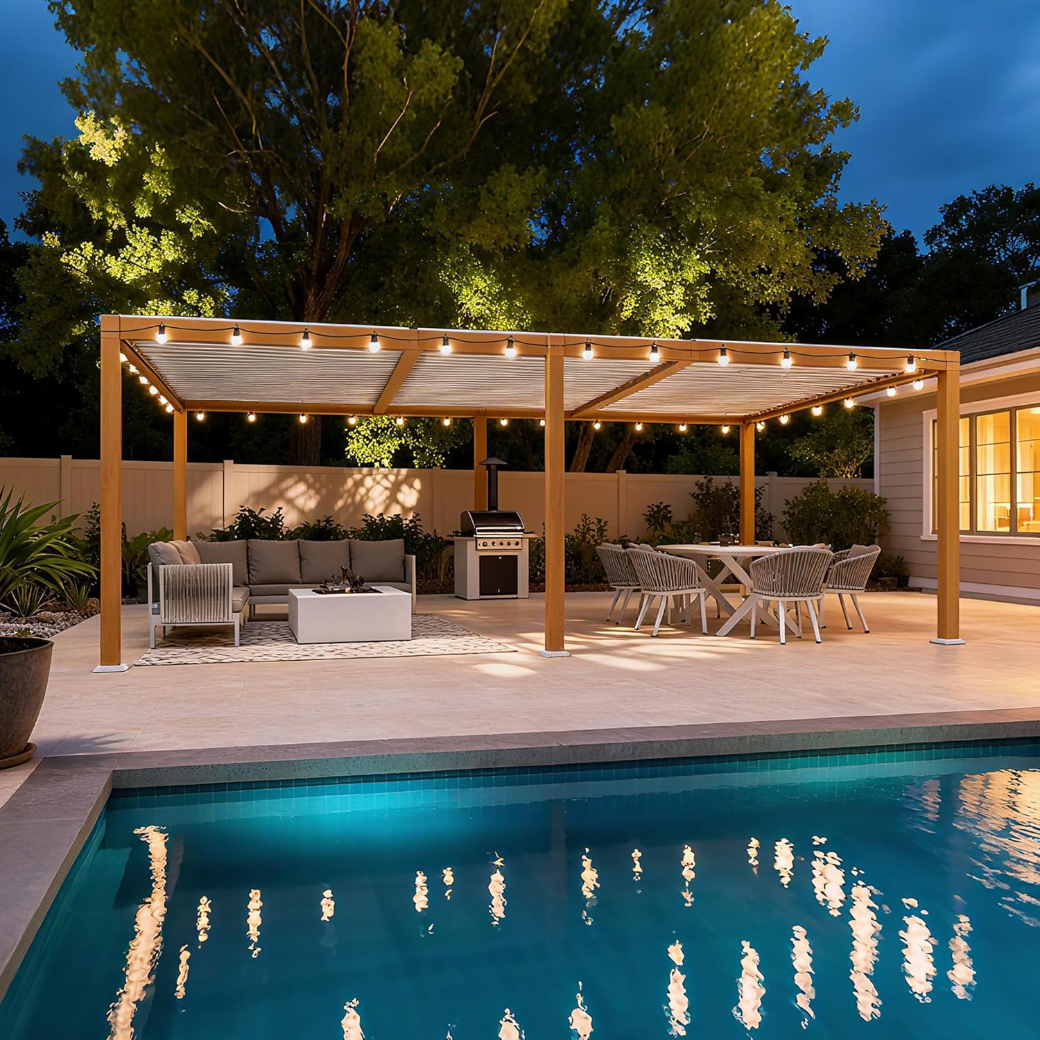 karaca-alisveris - Pergola effet bois - 3.5x6.35m - LED, lames orientables, étanche