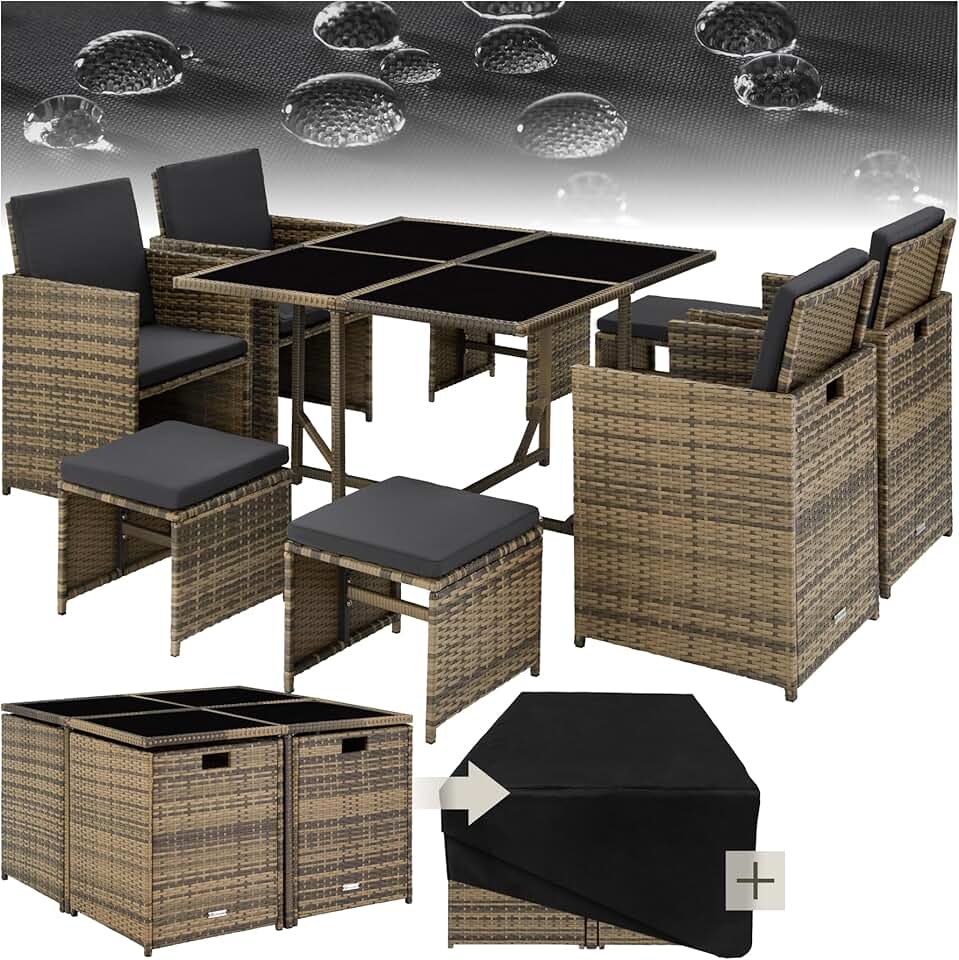 karaca-alisveris - Salon de jardin polyrotin, 4 chaises, 4 tabourets, table, housse, marron