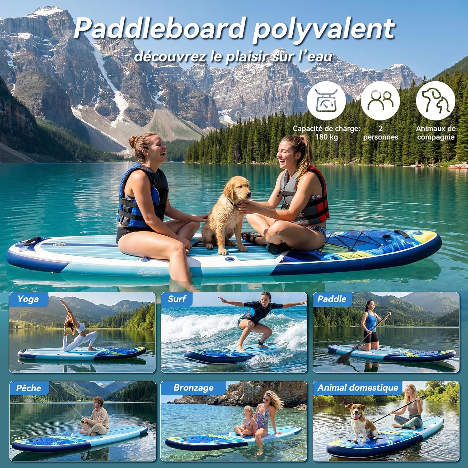 karaca-alisveris - Paddle gonflable adulte 320/335cm - 2 personnes, siège kayak, pagaie, support caméra, 150kg