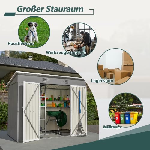 Abri de jardin en métal - 2,4 x 1,2 m - Gris - Résistant aux intempéries - Verrouillable avec base en métal - Pour outils de jardin et terrasse extérieure