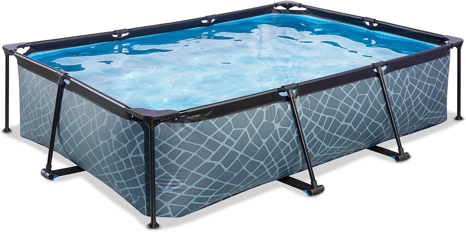 karaca-alisveris Piscine Stone - 300x200x65cm - Piscine Hors Sol Rectangulaire avec Pompe Filtrante à Cartouche - Entrée Basse - Idéal pour Les Jeunes Enfants - Cadre Stable - Design Unique - Gris